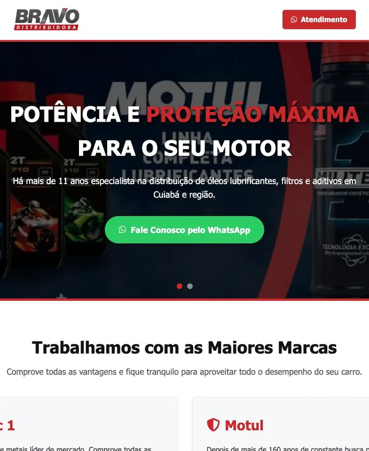 Página inicial do site da Bravo Distribuidora (Bravo Lub), desenvolvido pela One Wave Develop, Cuiabá