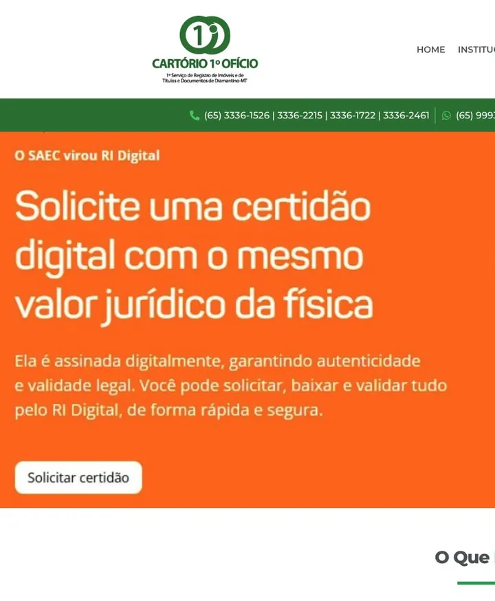 Página inicial do site do Cartório 1º Ofício de Diamantino, desenvolvido pela One Wave Develop, Cuiabá