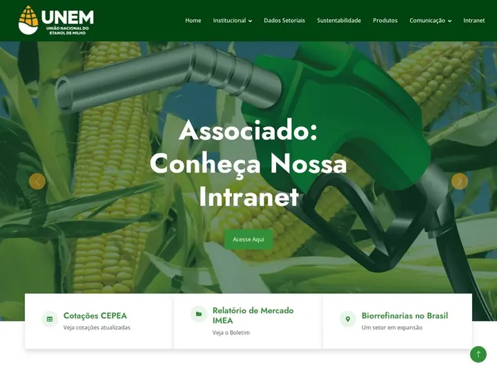 Página inicial do site da UNEM – União Nacional do Etanol de Milho, desenvolvido pela One Wave Develop, Cuiabá