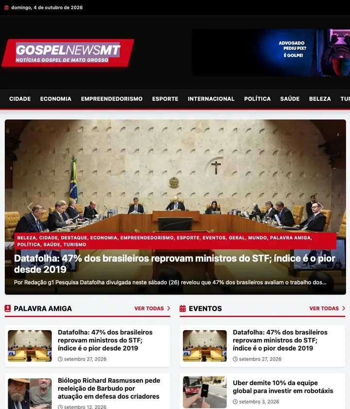 Página inicial do portal Gospel News MT, desenvolvido pela One Wave Develop, Cuiabá