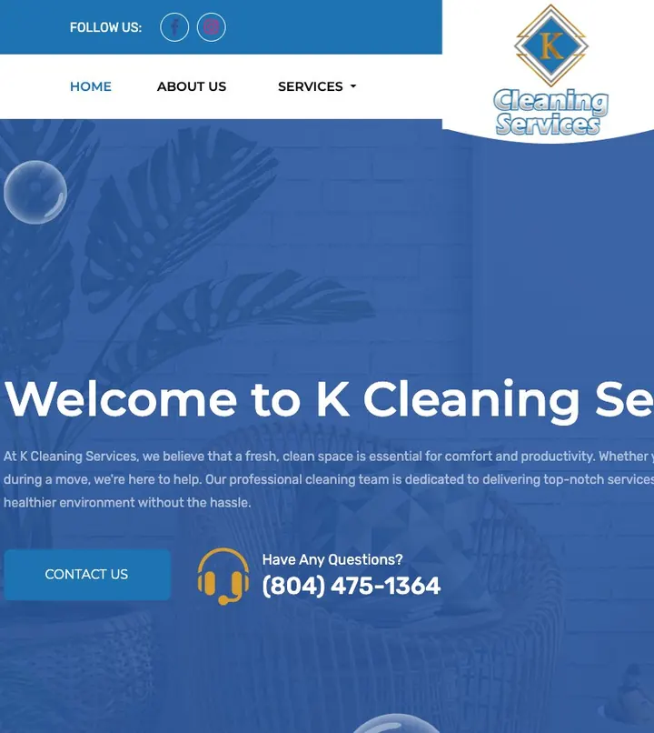 Página inicial do site da K Cleaning Services, nos Estados Unidos, desenvolvido pela One Wave Develop