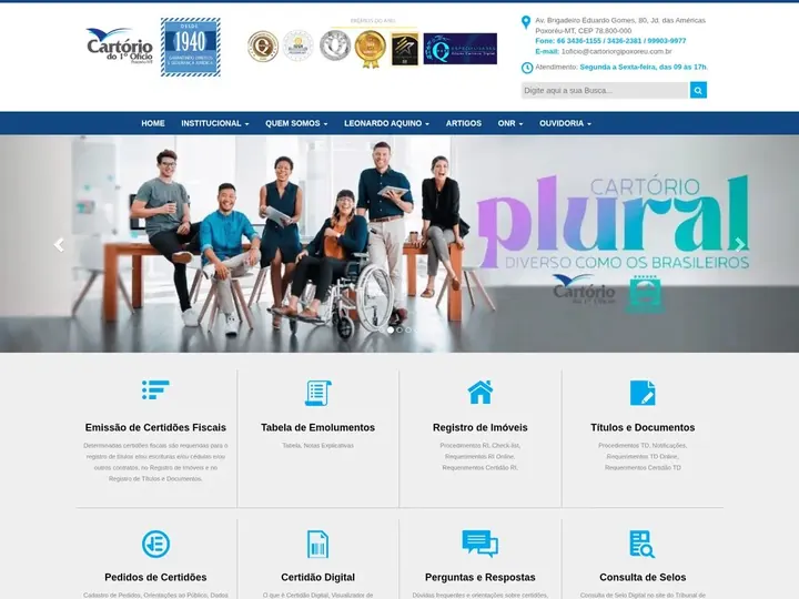 Página inicial do site do Cartório do 1º Ofício de Poxoréu, desenvolvido pela One Wave Develop, Cuiabá
