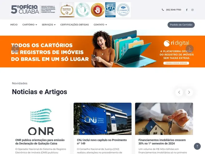 Página inicial do site do 5º Ofício Cuiabá, desenvolvido pela One Wave Develop, Cuiabá